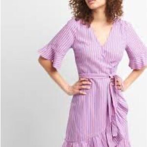 Gap Pink Blue Linen Striped Wrap Dress with bell sleeve detail Gently Used Small
